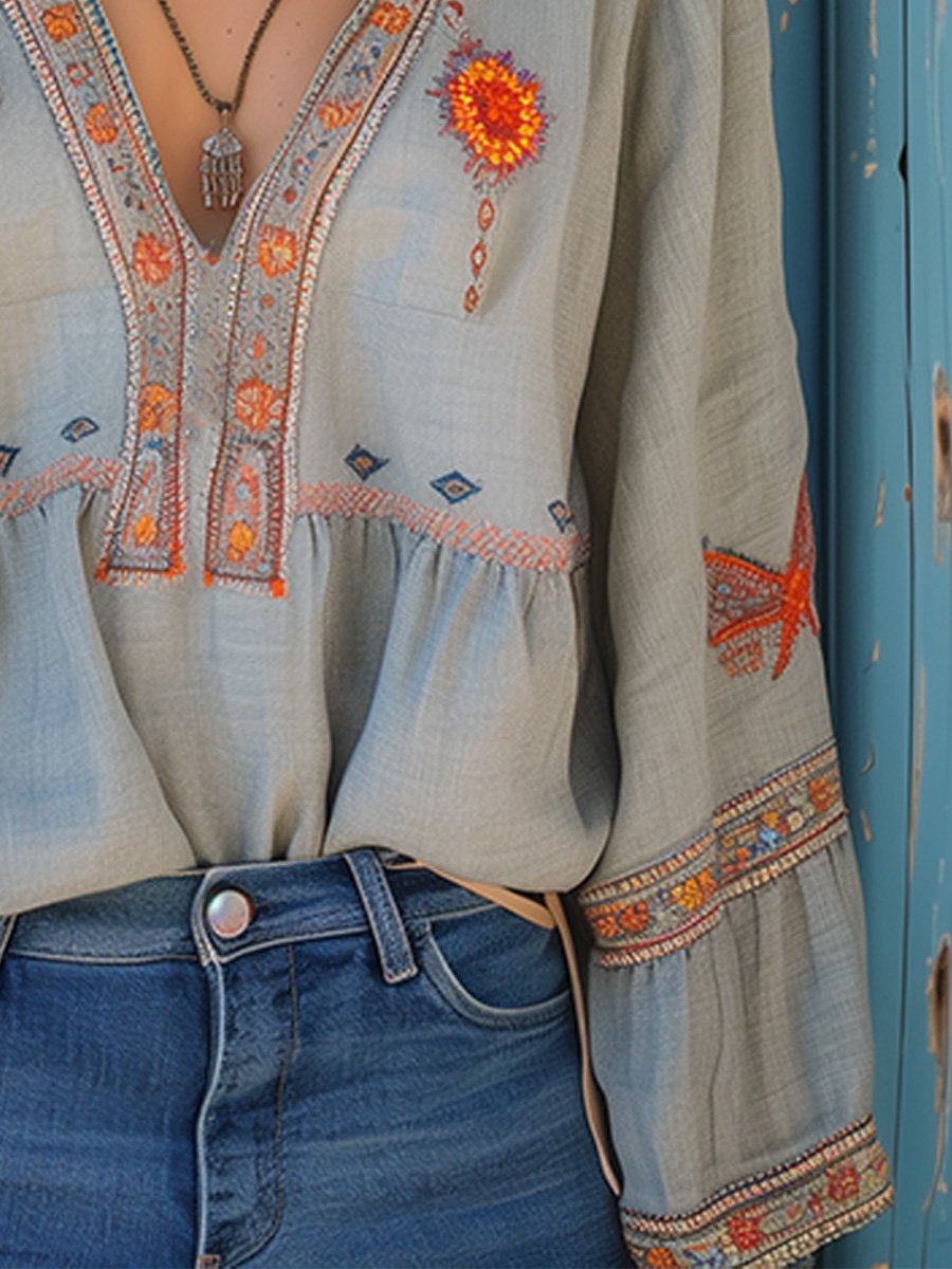 Women's Light Blue Linen Boho Blouse Ethnic Embroidery and Split V-Neckline