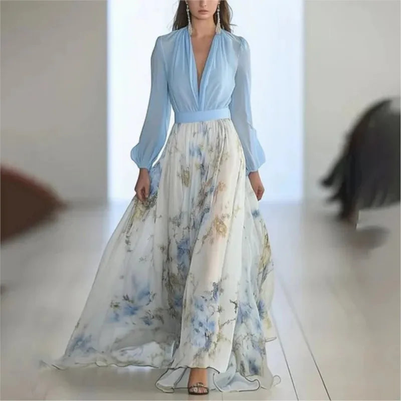 Women's Light Blue Maxi Dress with Long Lantern Sleeves and Floral Print Skirt Detail