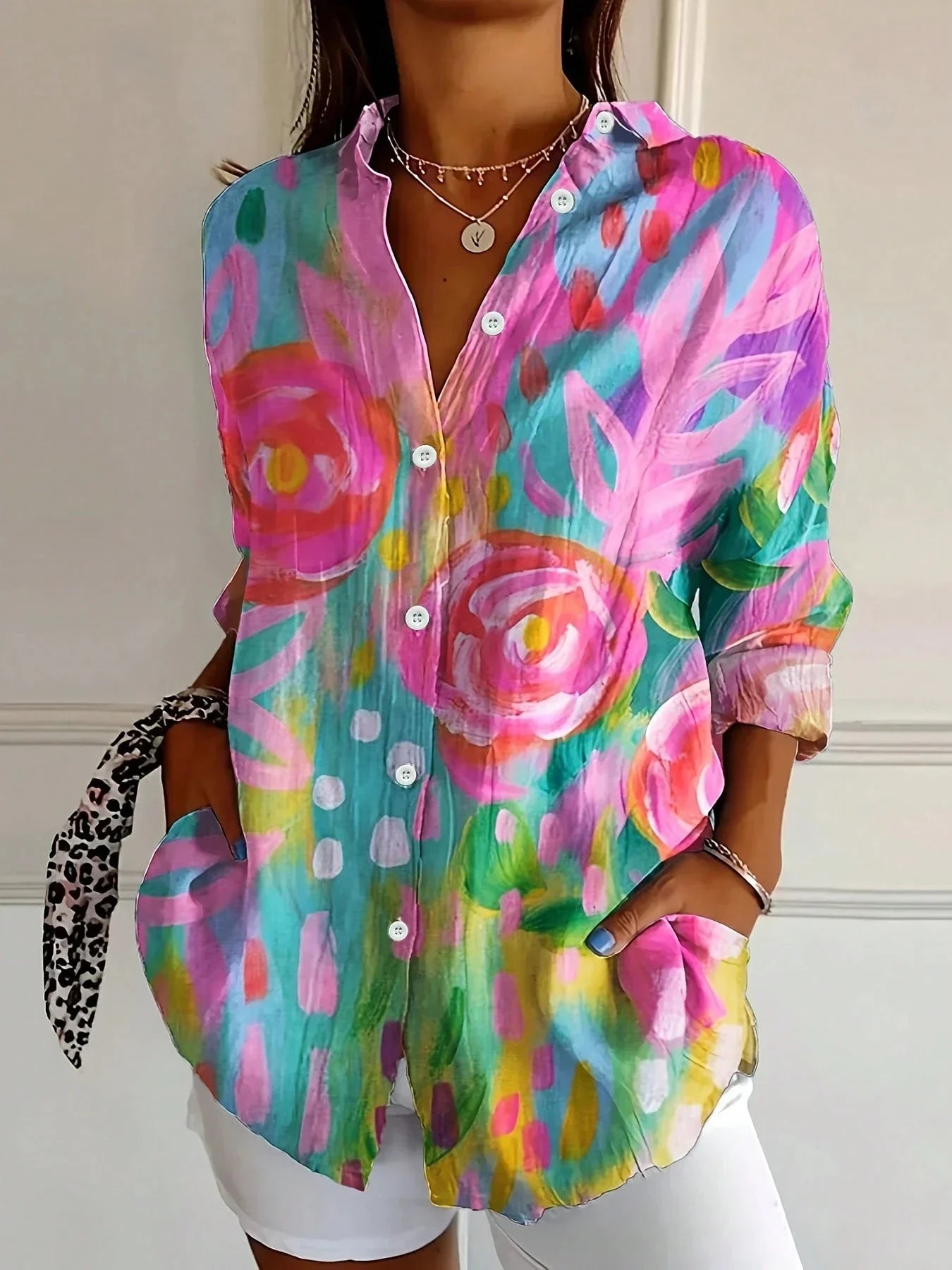 Women's Linen Blouse Abstract Floral Print and Button-Up Front
