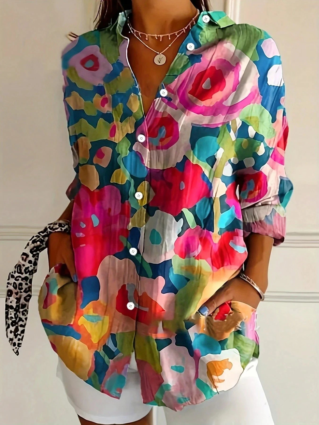 Women's Linen Blouse Abstract Floral Print and Button-Up Front