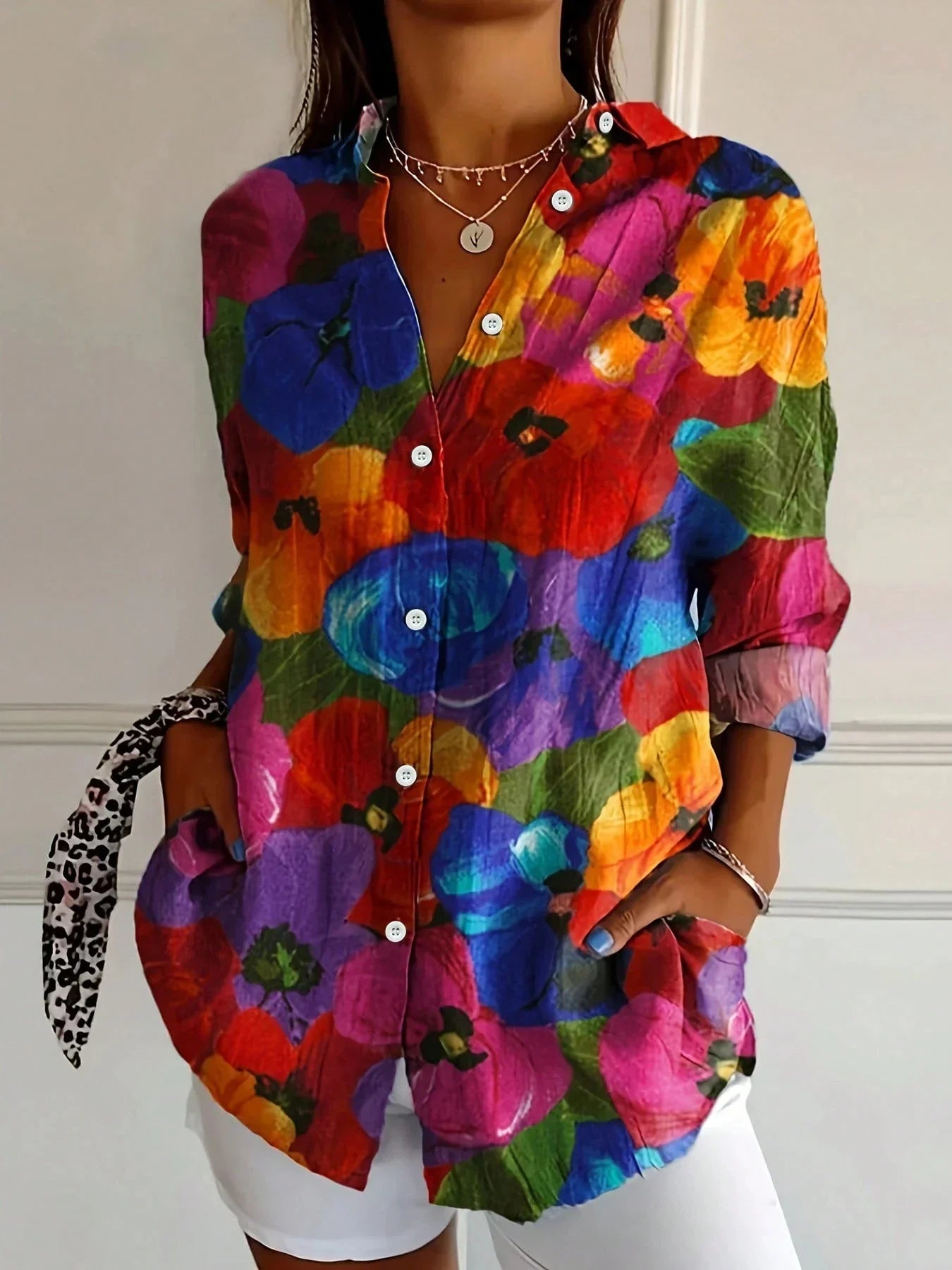 Women's Linen Blouse Abstract Floral Print and Button-Up Front