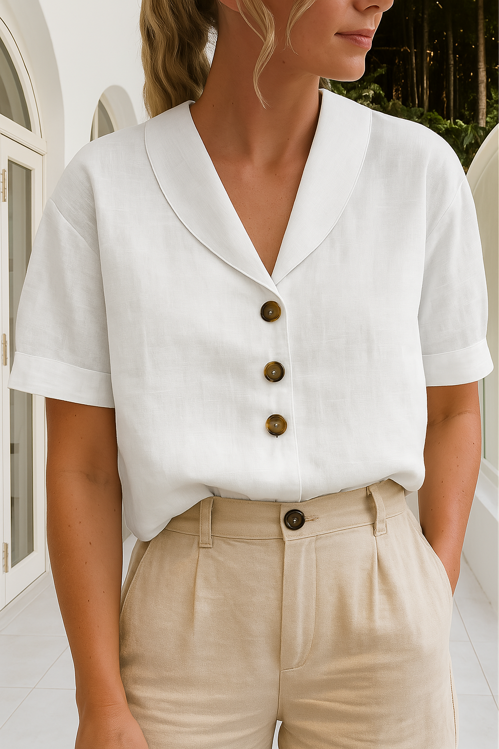 Women's Linen Blouse Curved Shawl Collar and Button-Front Closure