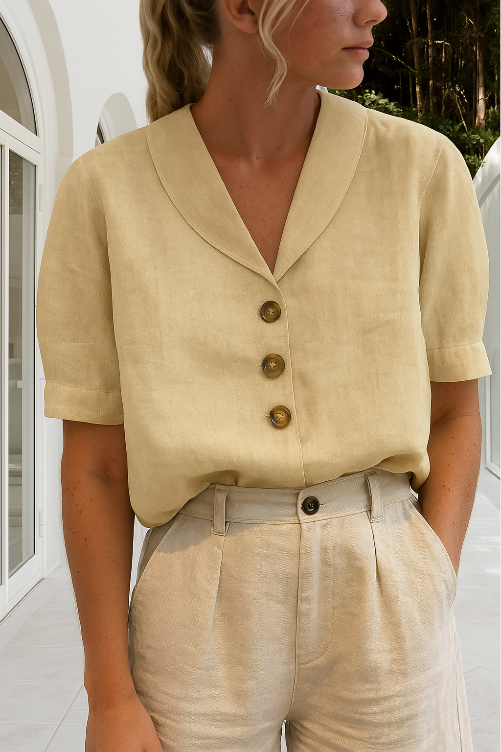 Women's Linen Blouse Curved Shawl Collar and Button-Front Closure
