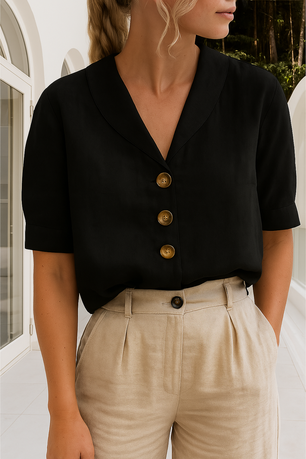 Women's Linen Blouse Curved Shawl Collar and Button-Front Closure