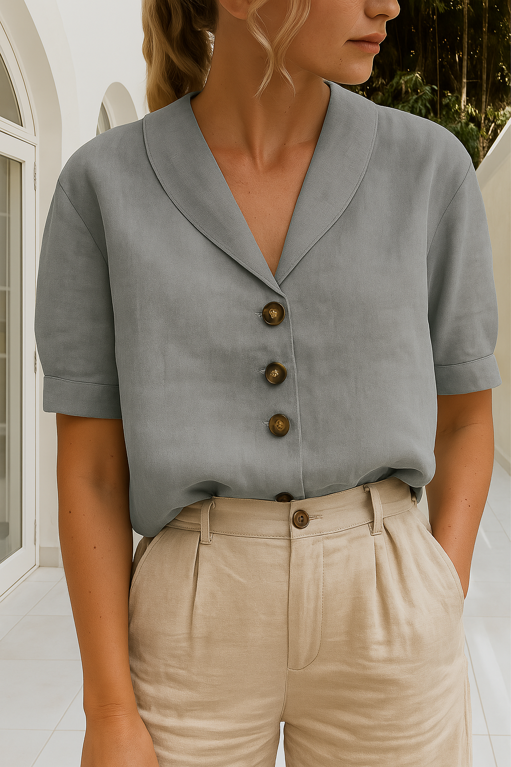 Women's Linen Blouse Curved Shawl Collar and Button-Front Closure