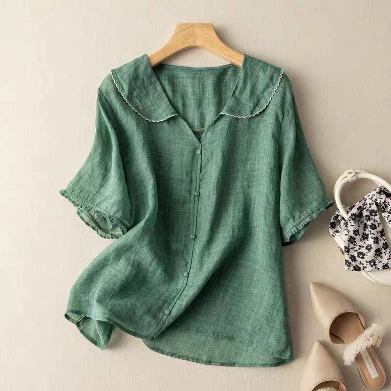 Women's Linen Blouse Scalloped Collar and Short Gathered Sleeves