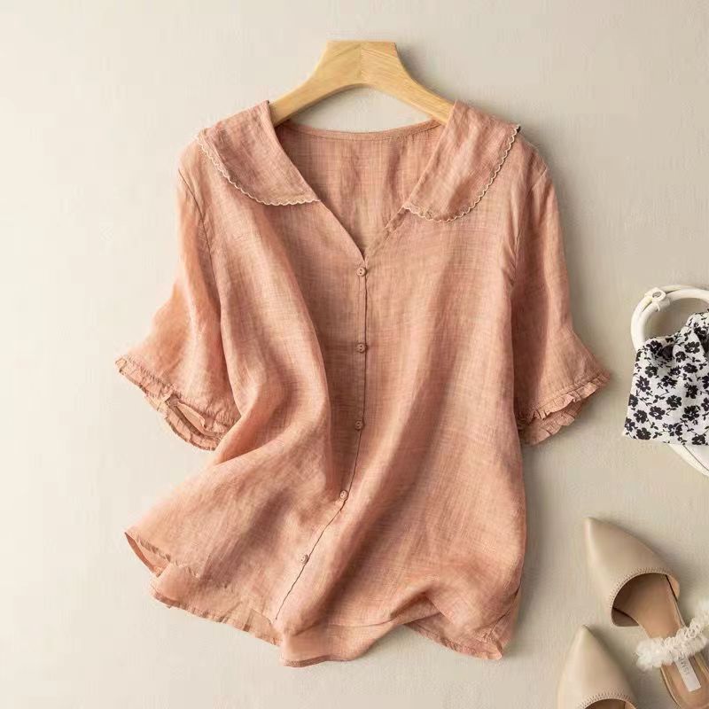 Women's Linen Blouse Scalloped Collar and Short Gathered Sleeves