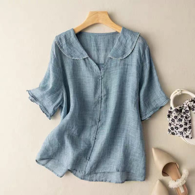 Women's Linen Blouse Scalloped Collar and Short Gathered Sleeves