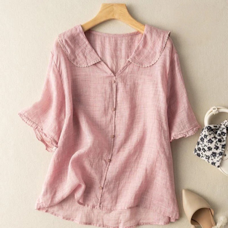 Women's Linen Blouse Scalloped Collar and Short Gathered Sleeves