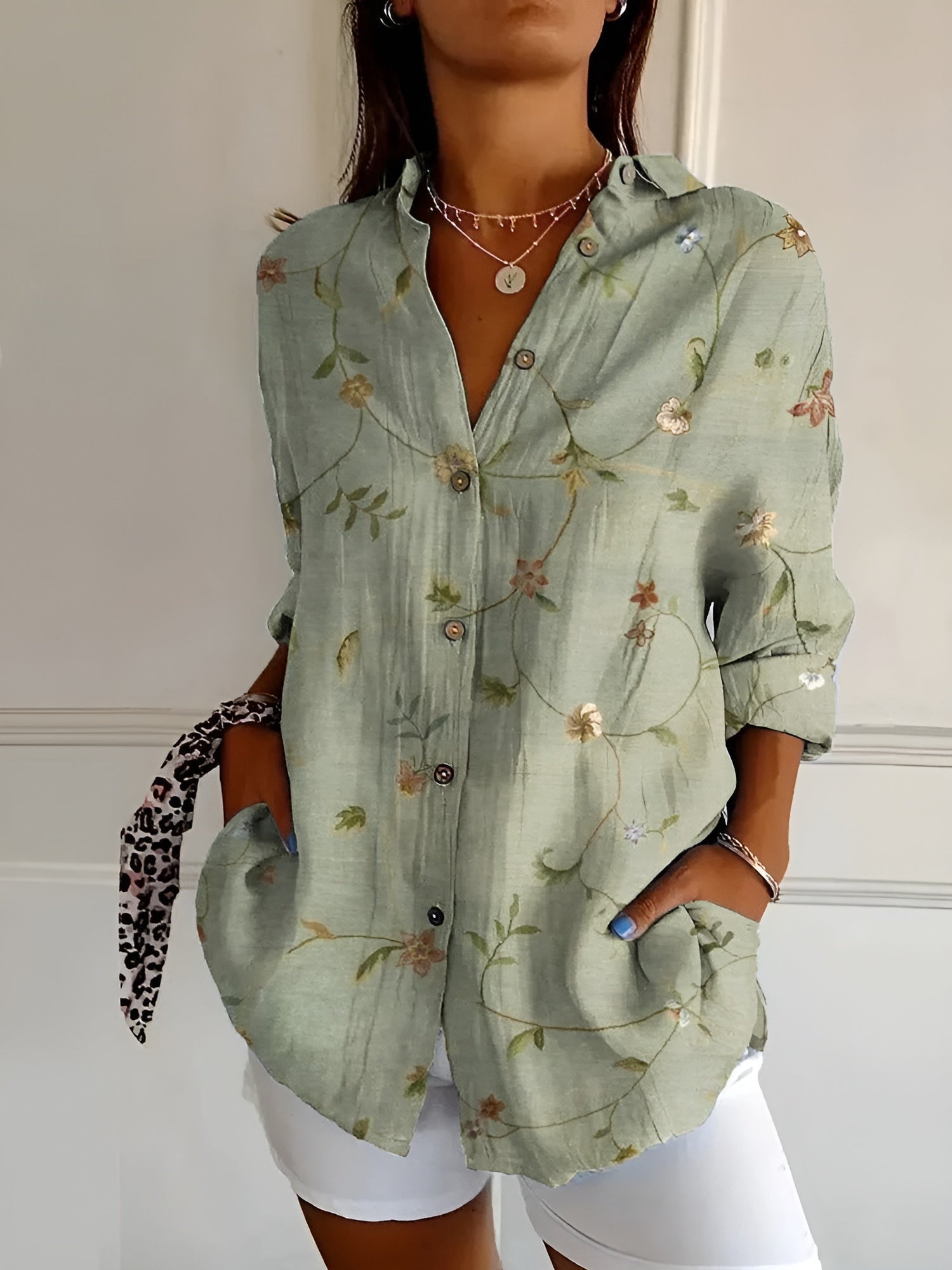 Women's Linen Blouse Trailing Floral Print and Button-Front Closure