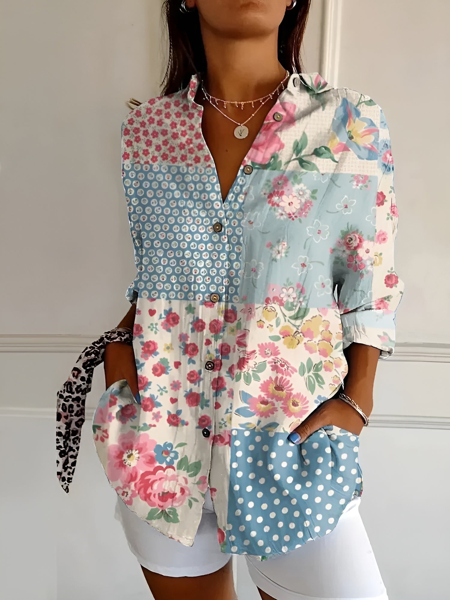 Women's Linen Blouse Trailing Floral Print and Button-Front Closure