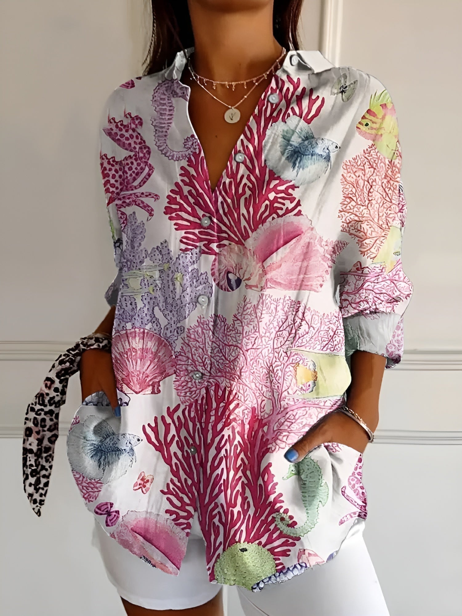 Women's Linen Blouse Trailing Floral Print and Button-Front Closure