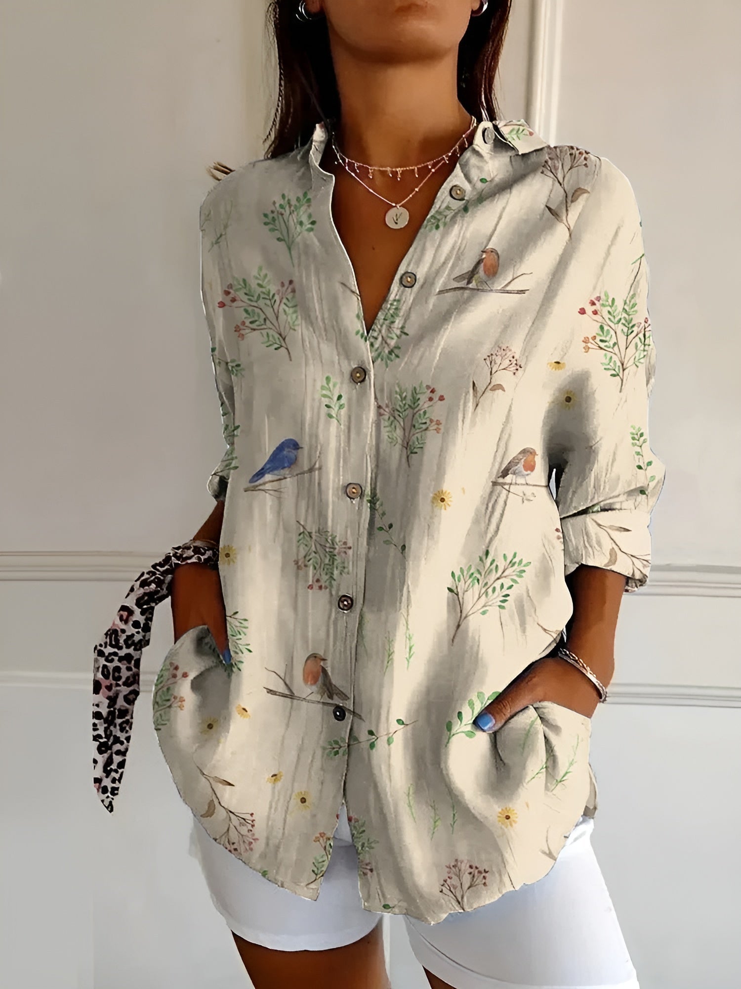 Women's Linen Blouse Trailing Floral Print and Button-Front Closure