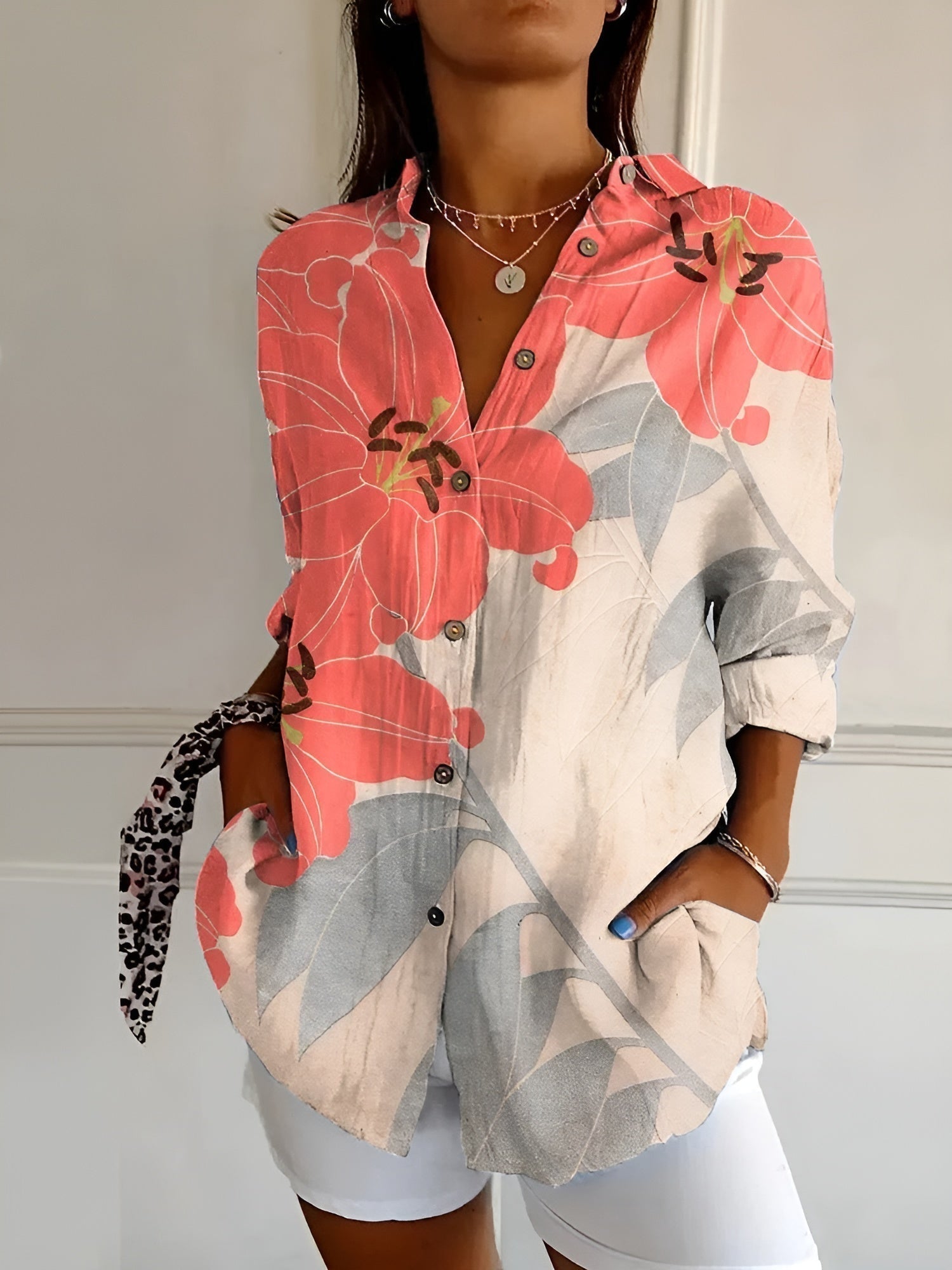 Women's Linen Blouse Trailing Floral Print and Button-Front Closure