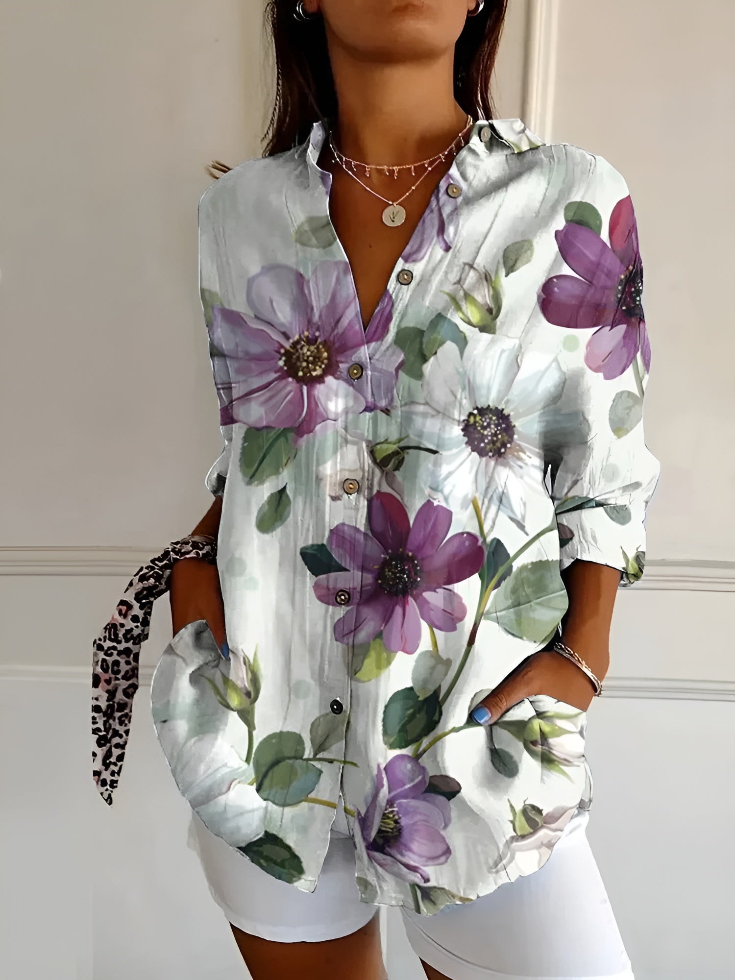 Women's Linen Blouse Trailing Floral Print and Button-Front Closure