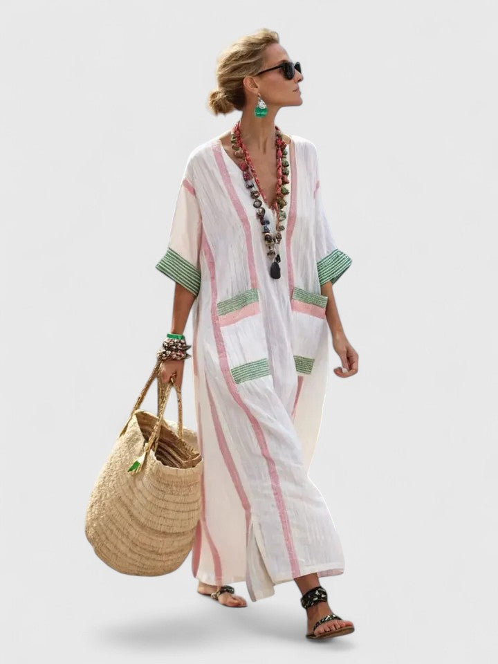 Women's Linen Maxi Dress V-Neck Striped Summer Kaftan