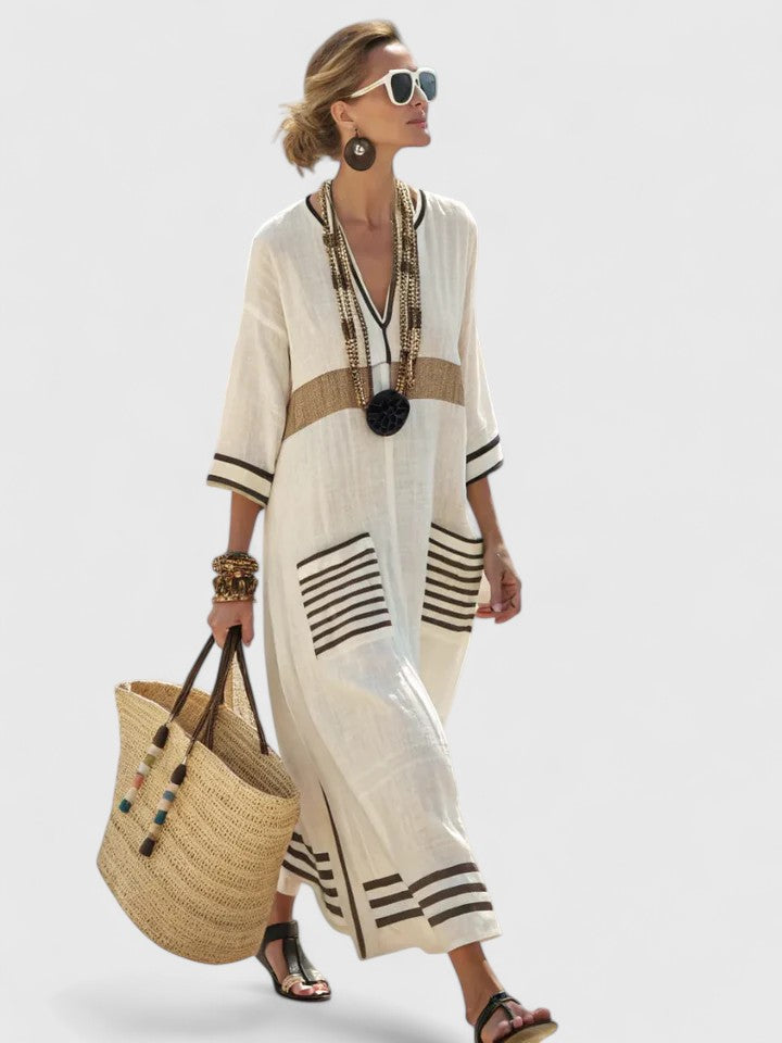 Women's Linen Maxi Dress V-Neck Striped Summer Kaftan