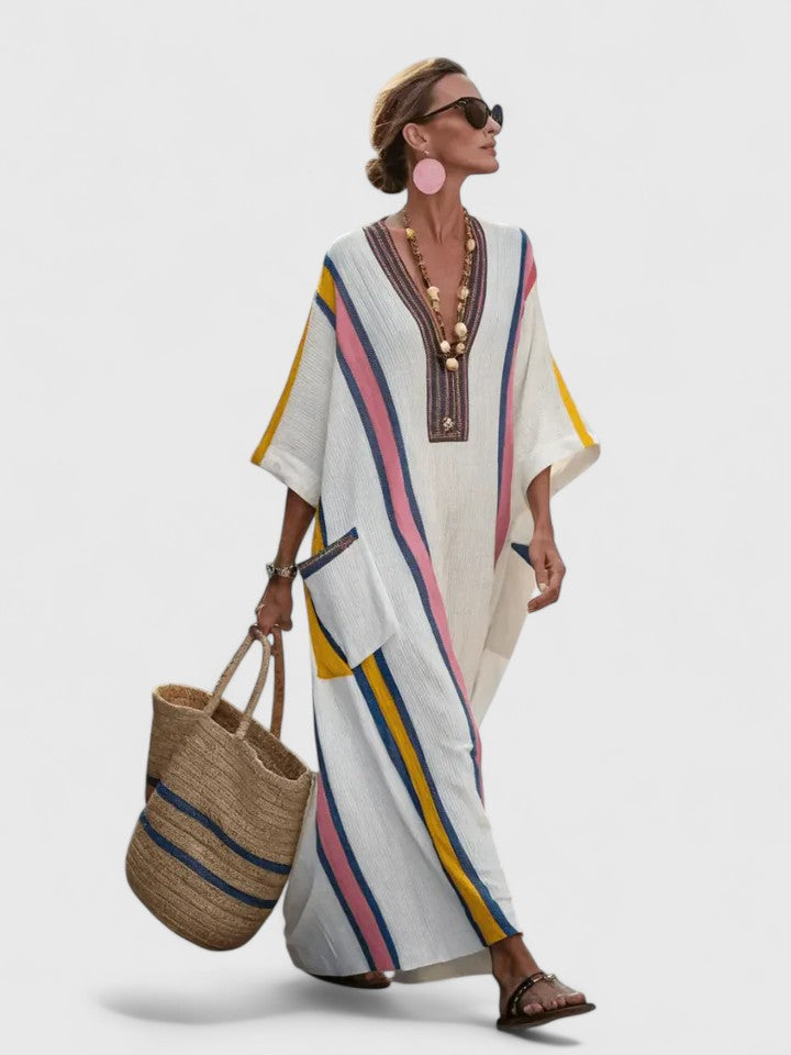 Women's Linen Maxi Dress V-Neck Striped Summer Kaftan