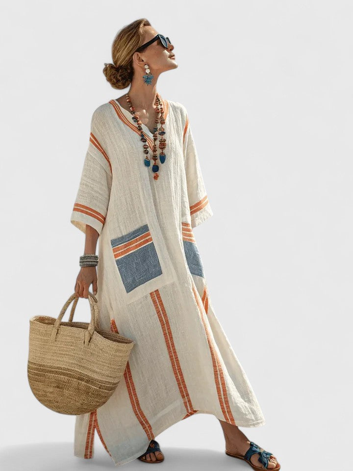 Women's Linen Maxi Dress V-Neck Striped Summer Kaftan