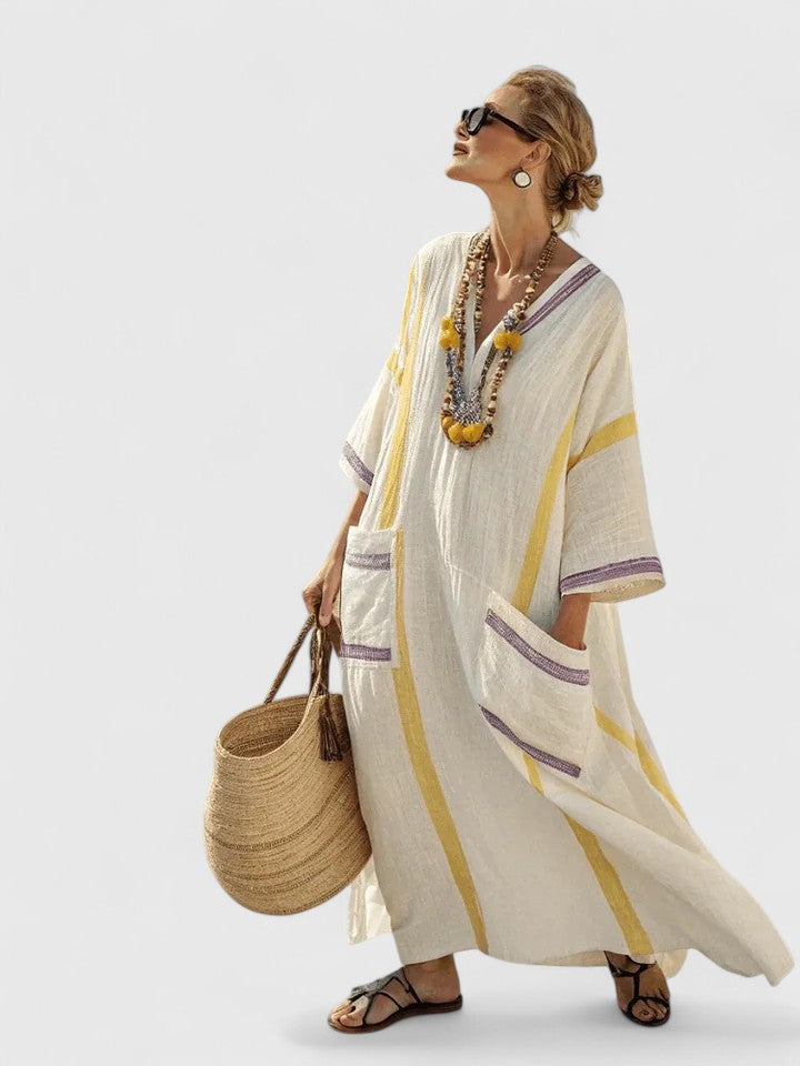 Women's Linen Maxi Dress V-Neck Striped Summer Kaftan