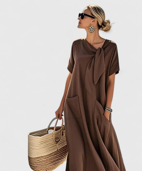 Women's Linen Midi Dress Tie Neck and Front Patch Pockets
