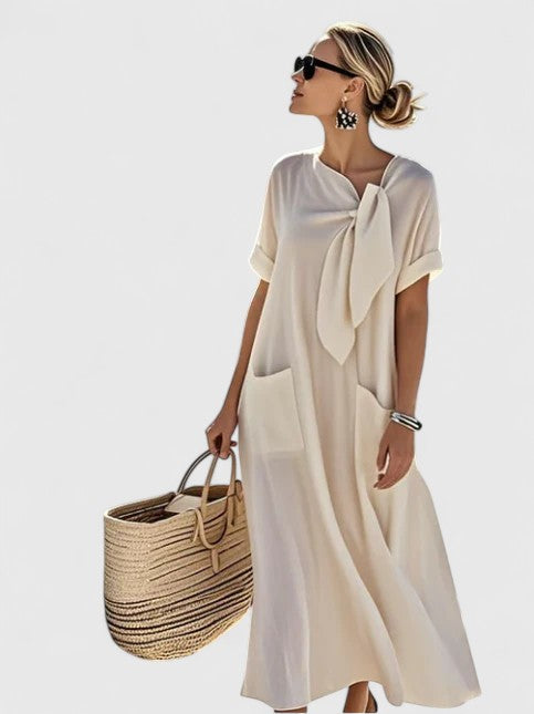 Women's Linen Midi Dress Tie Neck and Front Patch Pockets