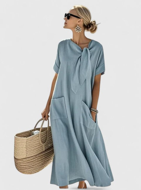 Women's Linen Midi Dress Tie Neck and Front Patch Pockets