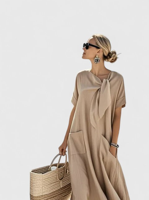 Women's Linen Midi Dress Tie Neck and Front Patch Pockets