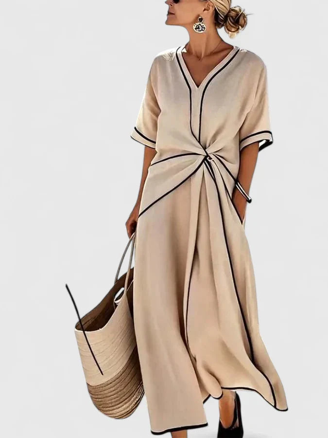 Women's Linen Midi Dress V-Neck Twist Front Summer Kaftan
