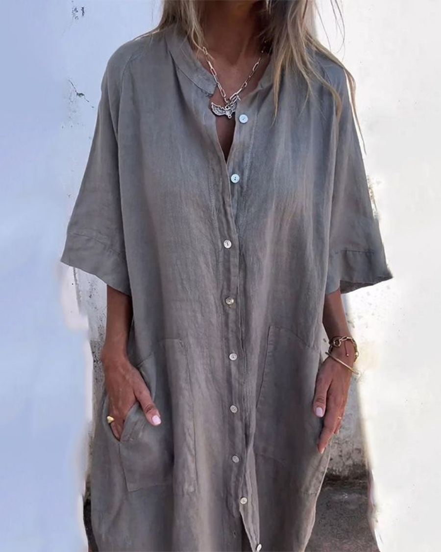Women's Linen Midi Shirt Dress Button-Up Front and Side Patch Pockets