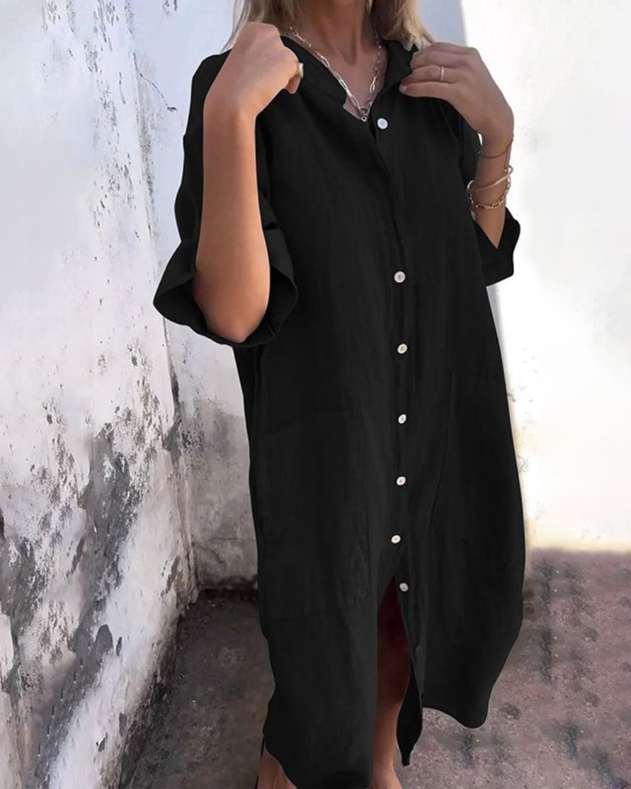Women's Linen Midi Shirt Dress Button-Up Front and Side Patch Pockets