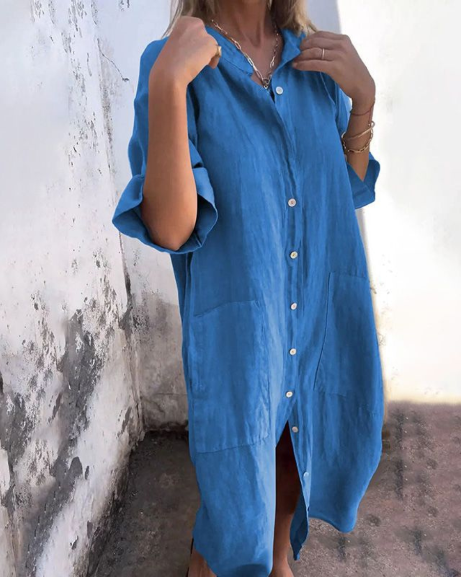 Women's Linen Midi Shirt Dress Button-Up Front and Side Patch Pockets