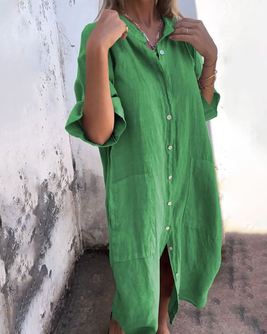 Women's Linen Midi Shirt Dress Button-Up Front and Side Patch Pockets