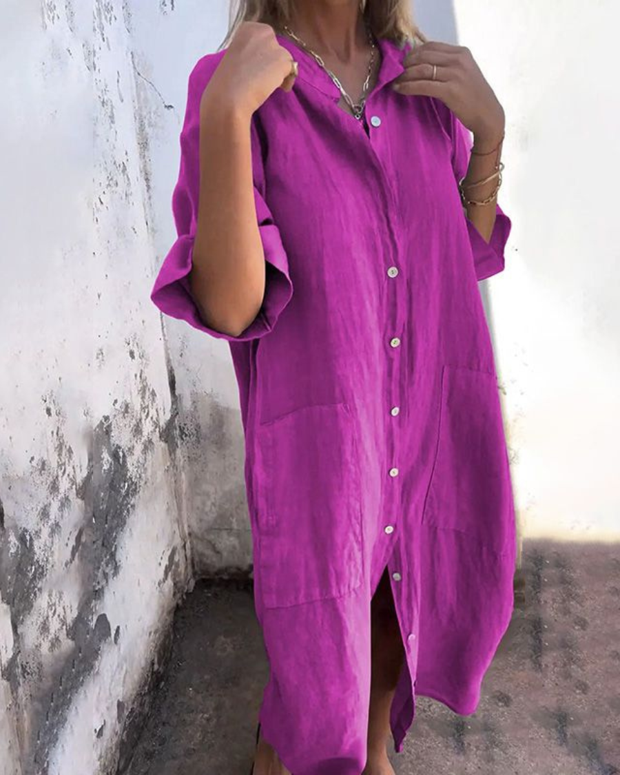 Women's Linen Midi Shirt Dress Button-Up Front and Side Patch Pockets