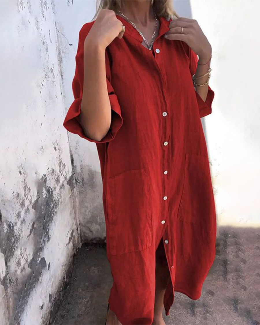 Women's Linen Midi Shirt Dress Button-Up Front and Side Patch Pockets