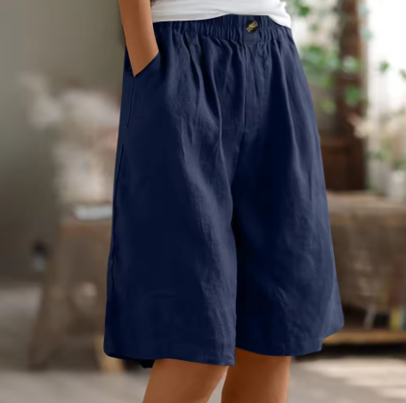 Women's Linen Shorts Elastic Waistband and Side Slash Pockets