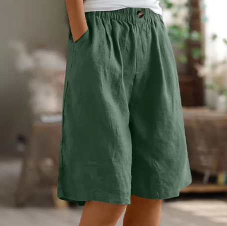 Women's Linen Shorts Elastic Waistband and Side Slash Pockets