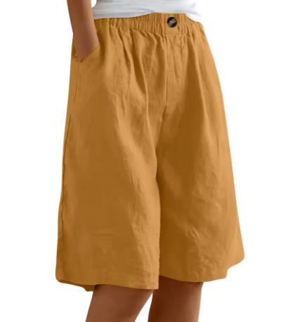 Women's Linen Shorts Elastic Waistband and Side Slash Pockets