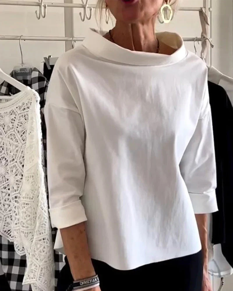 Women's Linen Top Folded Bateau Neck and Three-Quarter Sleeves