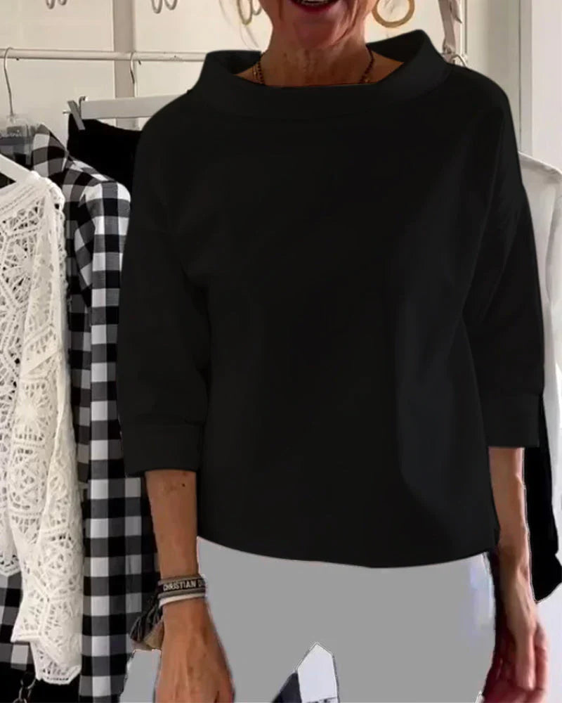 Women's Linen Top Folded Bateau Neck and Three-Quarter Sleeves