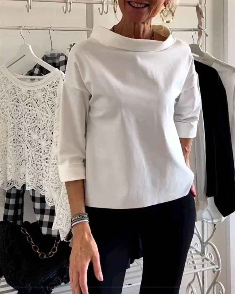 Women's Linen Top Folded Bateau Neck and Three-Quarter Sleeves