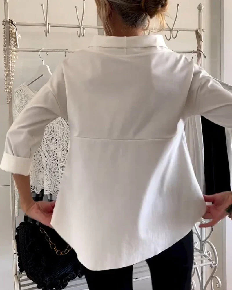 Women's Linen Top Folded Bateau Neck and Three-Quarter Sleeves