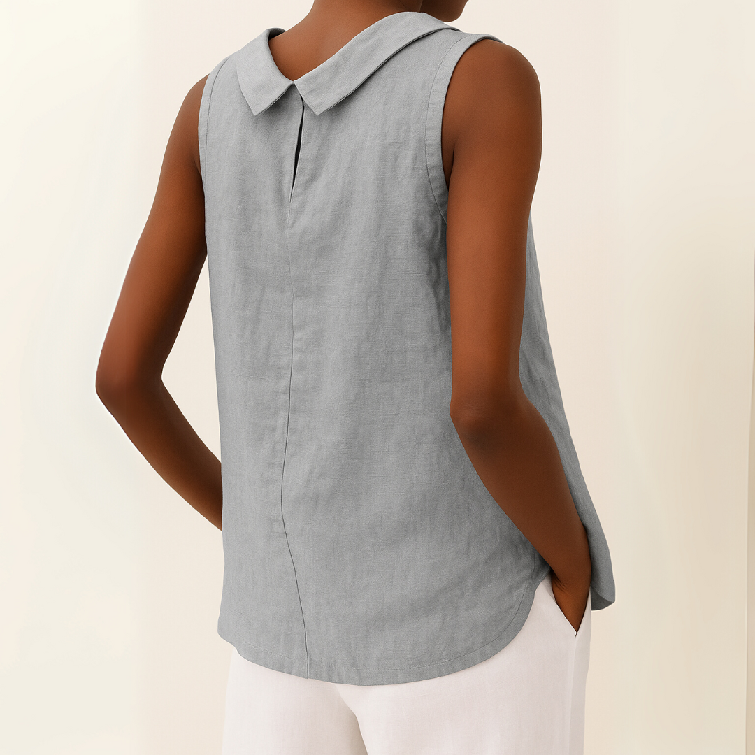 Women's Linen Top Turned Roll Collar and Sleeveless Cut