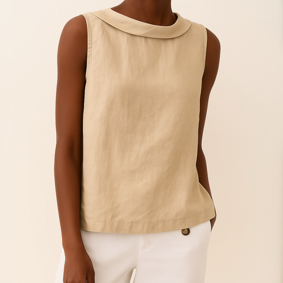 Women's Linen Top Turned Roll Collar and Sleeveless Cut
