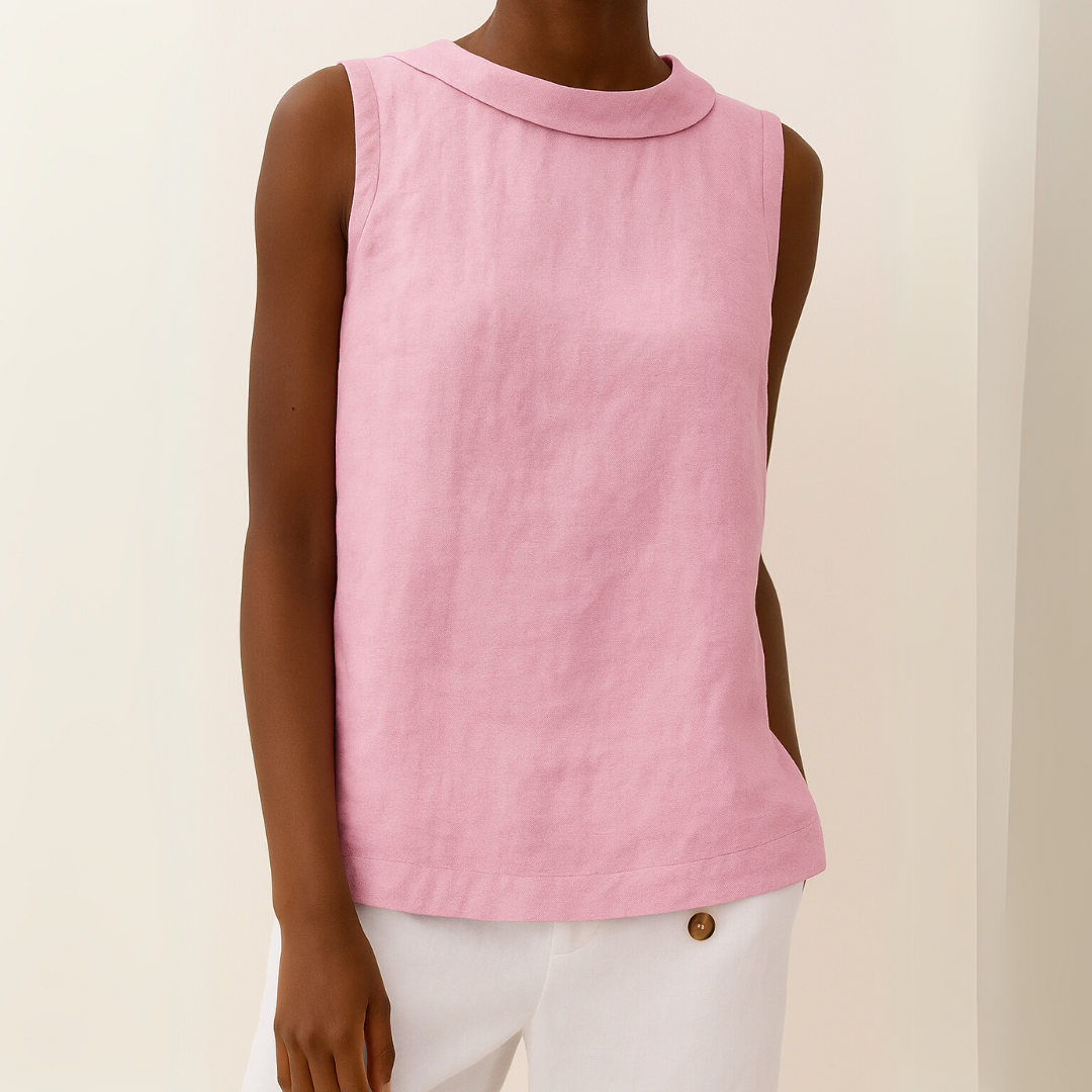 Women's Linen Top Turned Roll Collar and Sleeveless Cut