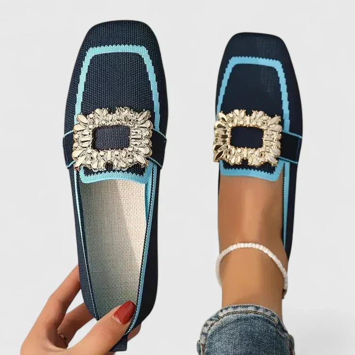 Women's Loafers Rhinestone Buckle and Square Toe