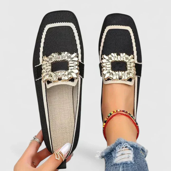 Women's Loafers Rhinestone Buckle and Square Toe