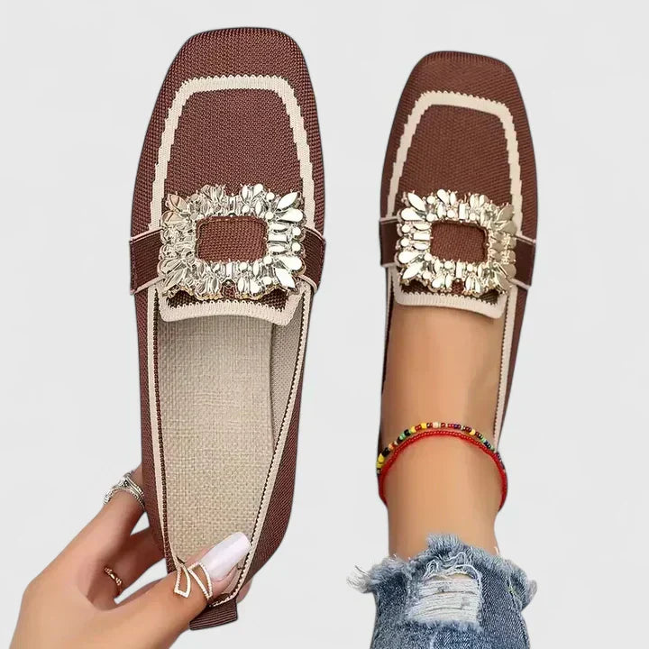Women's Loafers Rhinestone Buckle and Square Toe