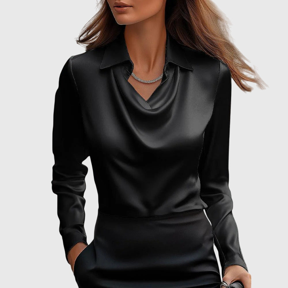 Women's Long-Sleeve Blouse with Cowl Neckline and Pointed Collar