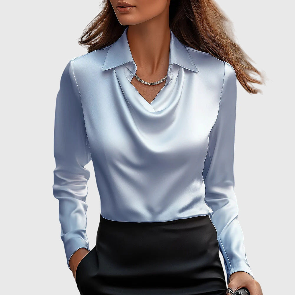 Women's Long-Sleeve Blouse with Cowl Neckline and Pointed Collar